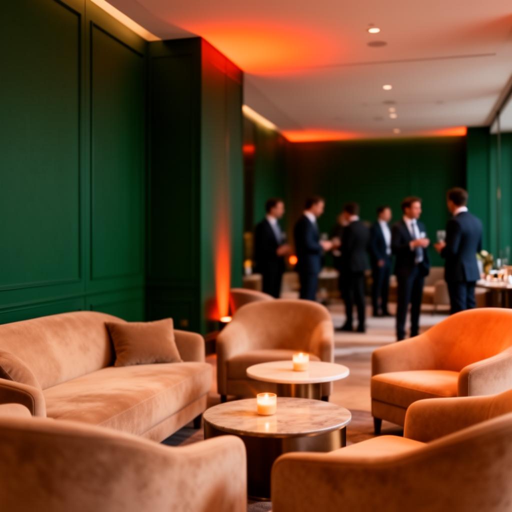 A curated event lounge in deep green with warm accent lighting